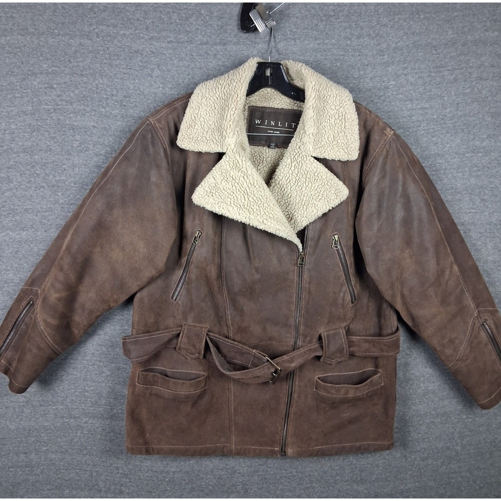 Winlit Womens Jacket Medium Brown Leather Sherpa Collar Moto‎ Belted VTG Classic